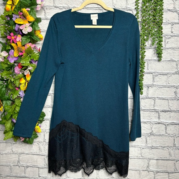 Chico's Tops - b🌼3/$30🌼Chicos Teal Long Sleeve Tunic V Neck Lace Trim Top Siize 1\Medium